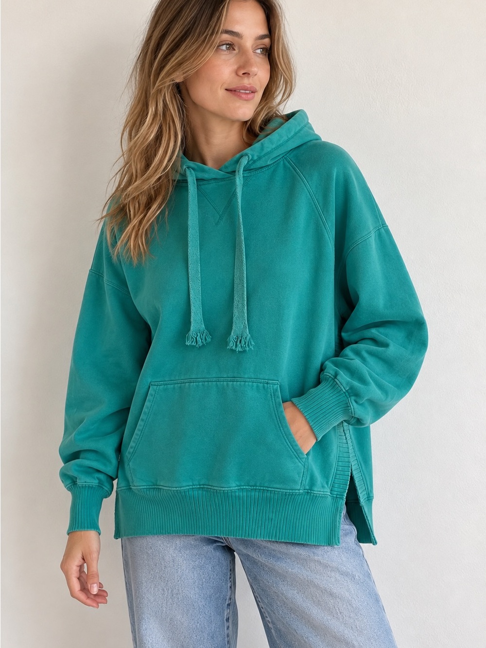 American Eagle Women’s Medium Teal Oversized Hoodie Pullover High Low Hem Ribbed